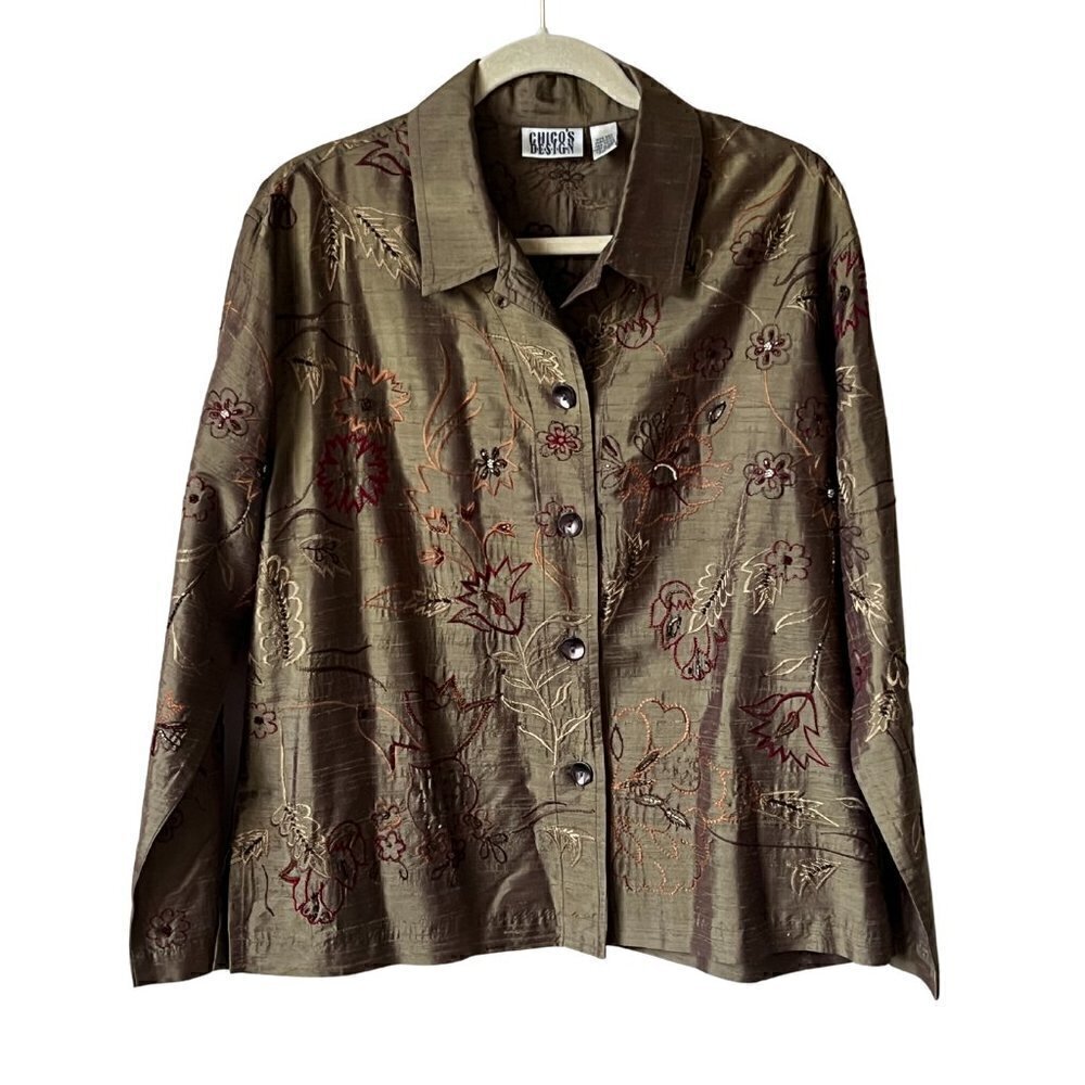Chico's Vintage Silk Embroidered Floral Blouse/ Kimono Jacket, Chico's Size 2
